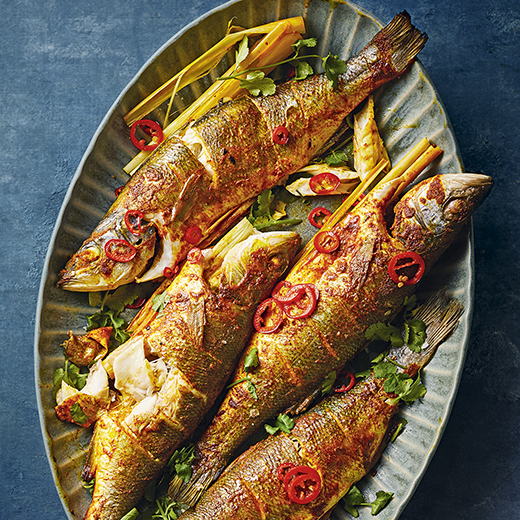 Baked Sea Bass with Lemongrass, Ginger and Garlic