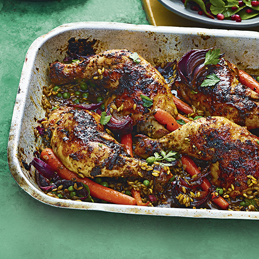 Chermoula Chicken and Caramelised Carrots with Freekeh and Peas 