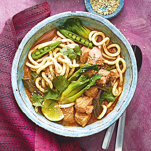 Salmon Red Curry Noodle Bowl with Fresh Greens
