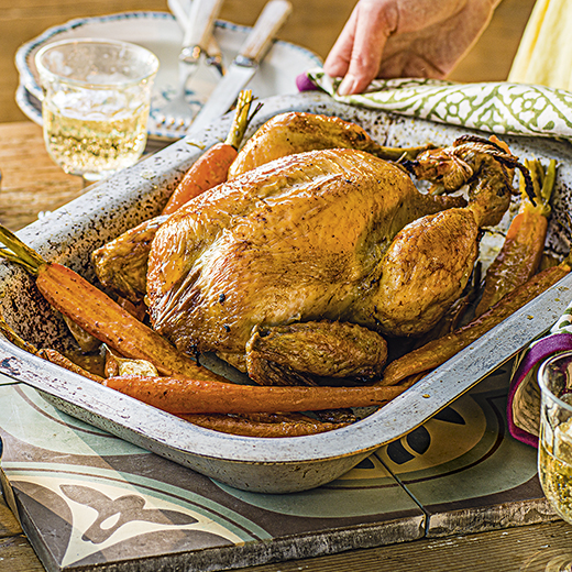 Cider-Can Roast Chicken with Glazed Carrots and Pickle Aioli