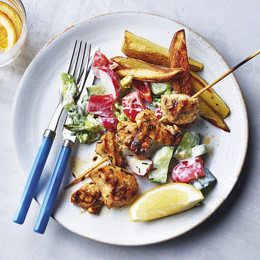 Chicken Kebabs with Chopped Salad and Wedges