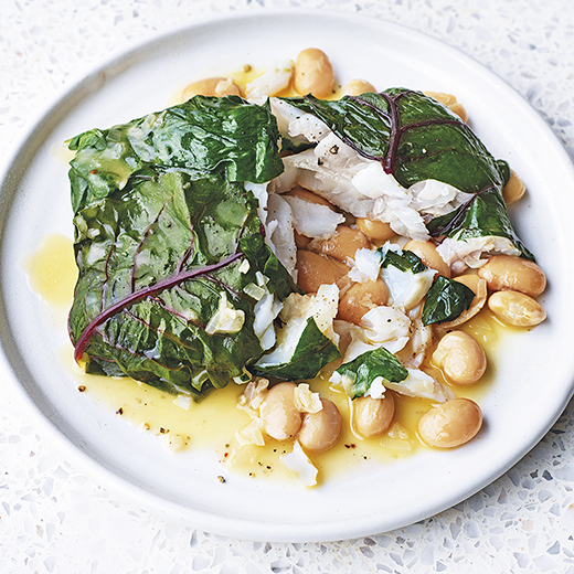 Chard-Wrapped Pollock with Butter Beans 