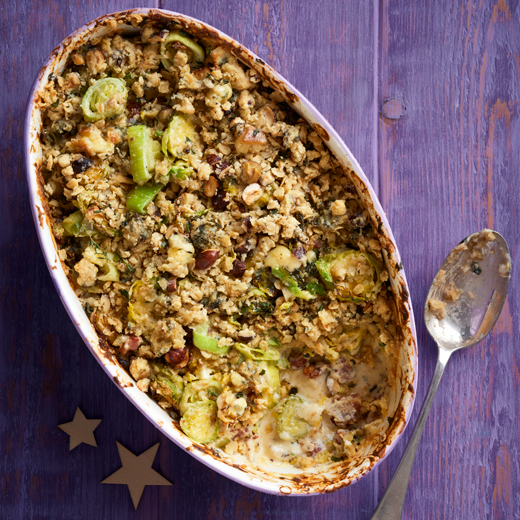 Brussels, Bacon and Leek Gratin with an Oaty Blue Cheese Crumble