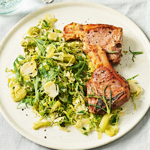 Lamb Chops with Braised Brussels and Leeks 