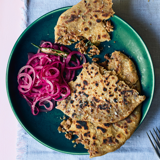 Keema Paratha with Pink Pickled Onions 