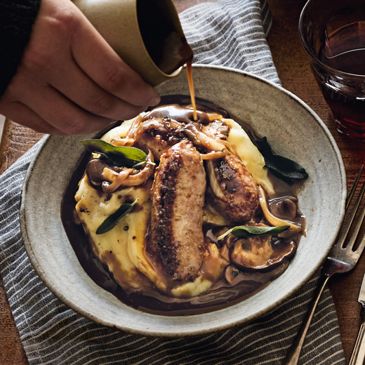 Maple-and-Mustard-Glazed Sausages with Mushroom Gravy 