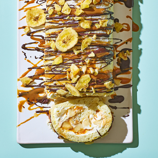 Spelt Banoffee Swiss Roll with a Dark Chocolate Drizzle
