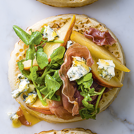 Giant Crumpets With Pear, Blue Cheese and Prosciutto