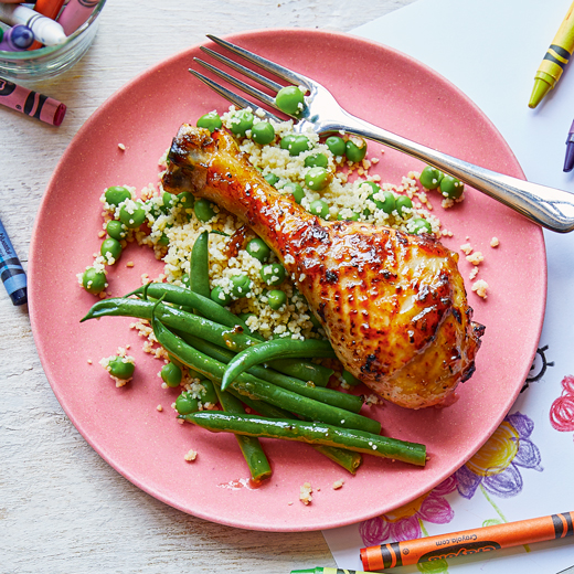 Sticky Lemon and Garlic Drumsticks with Peas and Couscous