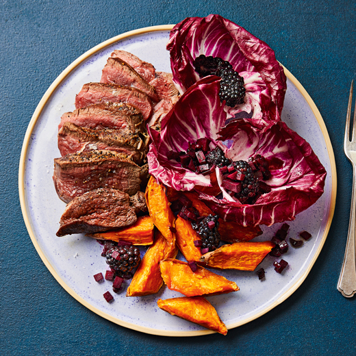 Venison with Sweet Potato Chips and Radicchio, Fermented Beets and Blackberry Salad