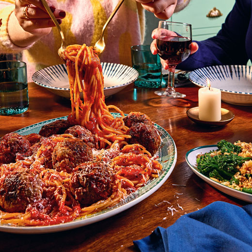 Spaghetti and Meatballs with Garlic Crumb Broccoli 