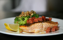 Pan Fried Salmon with Chorizo and Broccoli