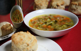 Spring Vegetable Soup with Walnut and Parmesan Scones