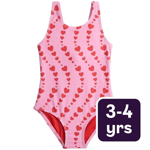 M&S Girls Heart Print Swimsuit, 3-4 Years, Magenta