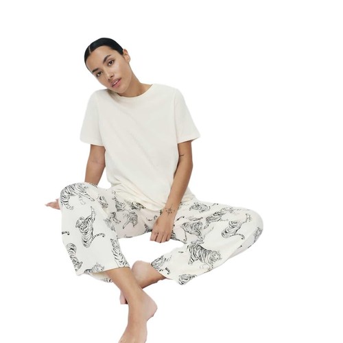 M&S Womens Pure Cotton Printed Pyjama Set, Medium, Ivory