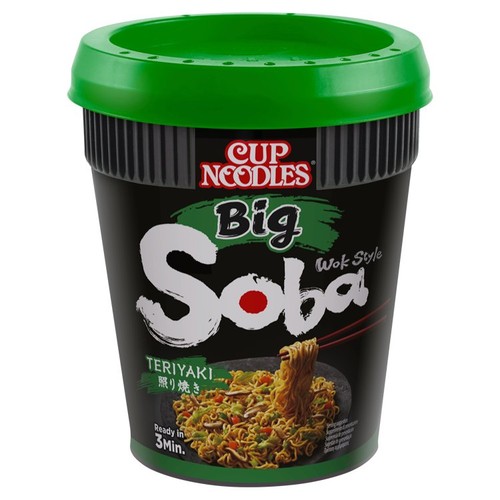 Nissin Soba Big Instant Wheat Noodles with Teriyaki Seasoning Sauce.