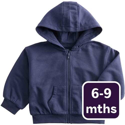 M&S Boys Cotton Rich Navy Zip Through Hoodie, 6-9 Months, Navy