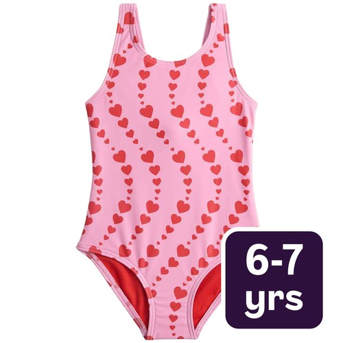 M&S Girls Heart Print Swimsuit, 6-7 Years, Magenta