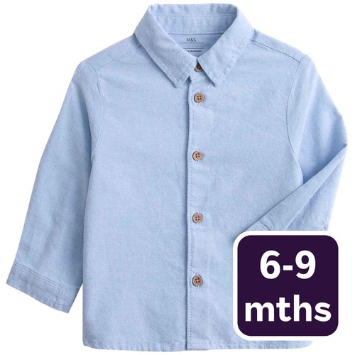 M&S Boys Pure Cotton Shirt, 6-9 Months, Blue