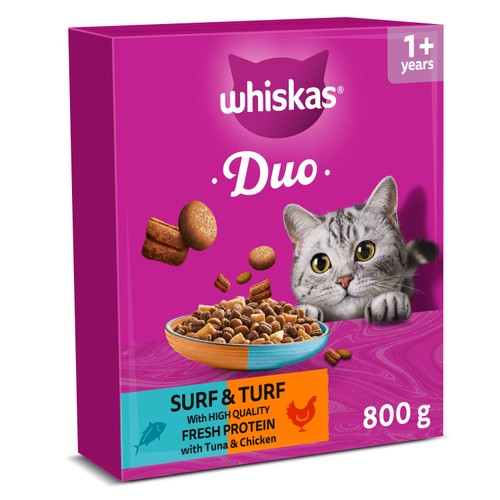 Whiskas 1+ Adult Complete Dry Cat Food Duo Surf & Turf 800g