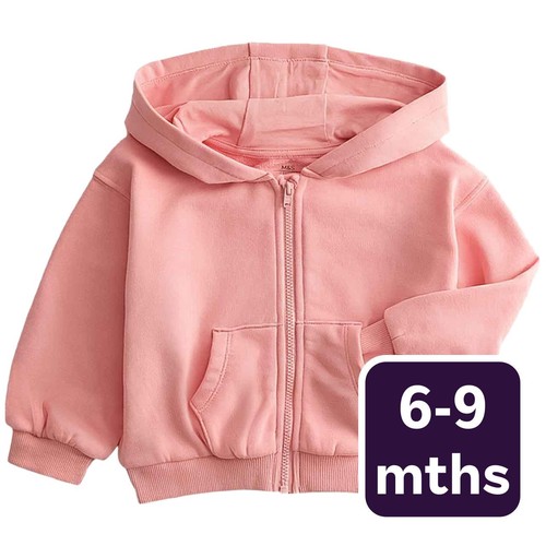 M&S Girls Cotton Rich Pink Zip Hoodie, 6-9 Months, Pink