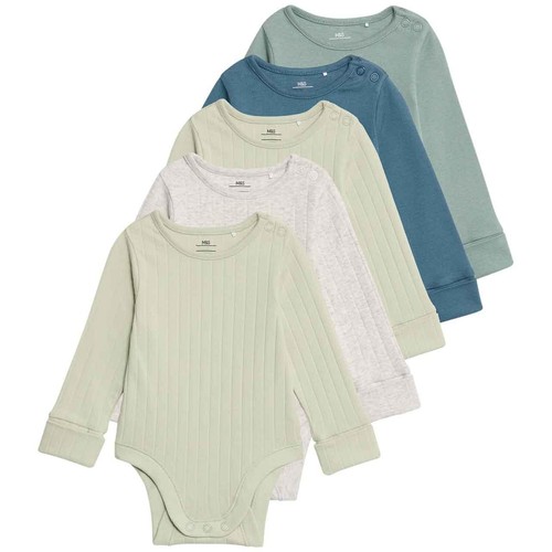 M&S Boys Cotton-Rich Rib Long Sleeve Bodysuits 12-18 Months Green Mix