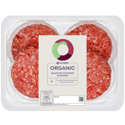 Ocado Organic 4 Quarter Pounder Burgers