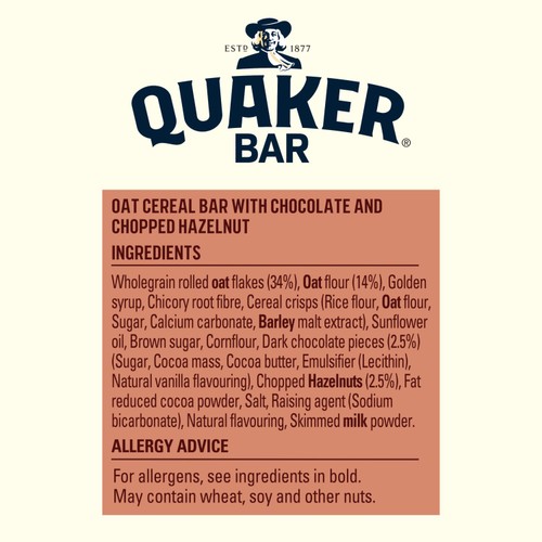 Quaker Cereal Bar Chocolate and Hazelnut