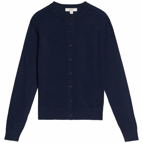 M&S Womens Crew Neck Button Front Cardigan, 14 Navy