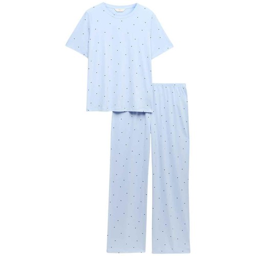 M&S Womens Pure Cotton Printed Pyjama Set, L, Light Blue