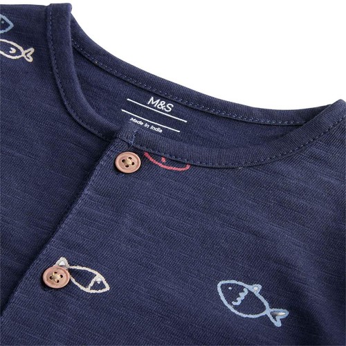 M&S Boys Pure Cotton Jersey Navy Fish Romper '9-12 Months Navy