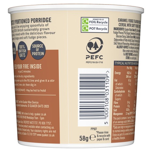Quaker Heavenly Oats Caramel Fudge Porridge Cereal Pot