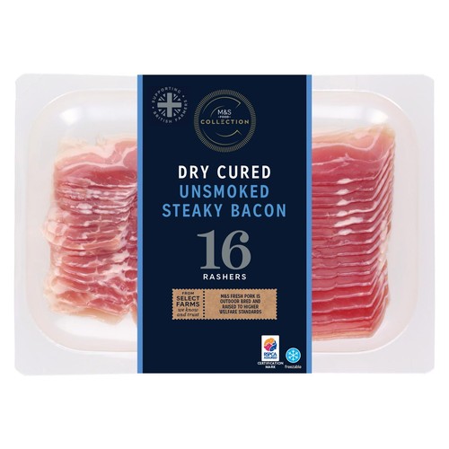 M&S British Outdoor Bred 16 Dry Cured Unsmoked Streaky Bacon Dry Cured