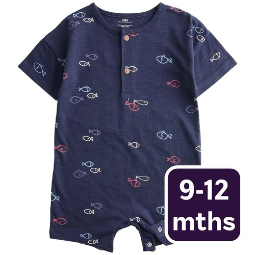M&S Boys Pure Cotton Jersey Navy Fish Romper '9-12 Months Navy