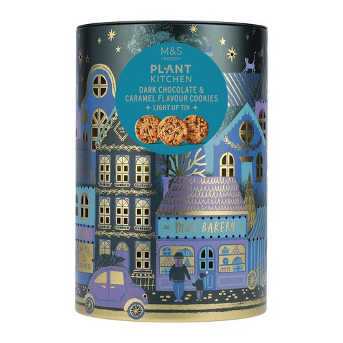 M&S Plant Kitchen Dark Chocolate & Caramel Flavour Cookies Light-Up Tin