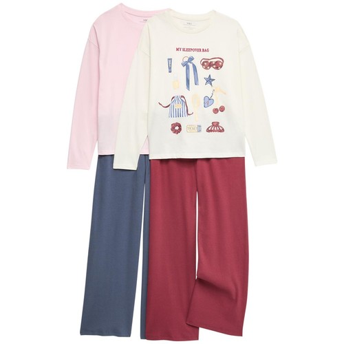 M&S Girls Pure Cotton Pyjama Set, 8-9Y, Blue Mix