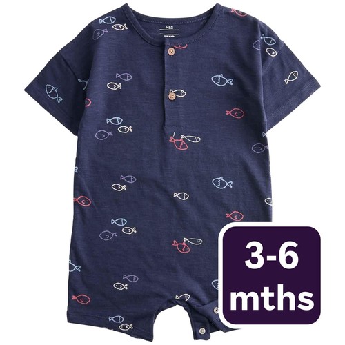 M&S Boys Pure Cotton Jersey Navy Fish Romper '3-6 Months Navy