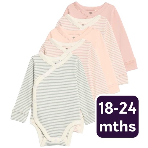 M&S Girls Pure Cotton Striped Bodysuits (0 Mths-3 Yrs) '18-24 Months Blush