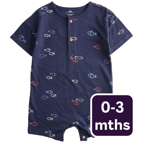 M&S Boys Pure Cotton Jersey Navy Fish Romper '0-3 Months Navy