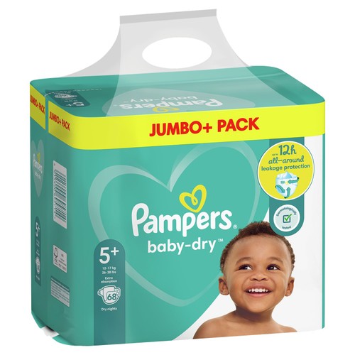 Pampers Baby-Dry Nappies, Size 5+ (12-17kg) Jumbo+ Pack