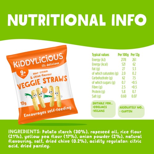 Kiddylicious Sour Cream & Chive Veggie Straws, 9 mths+