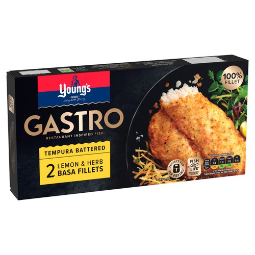 Young's Gastro 2 Lemon & Herb Tempura Battered Basa Fillets Frozen 