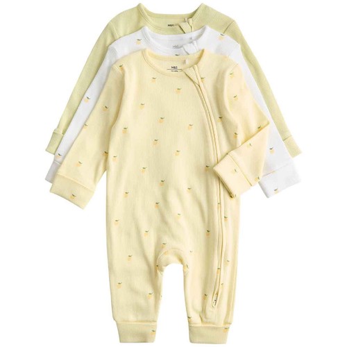 M&S Girls Cotton Rich Lemon Sleepsuits, 3-6 Months, Yellow
