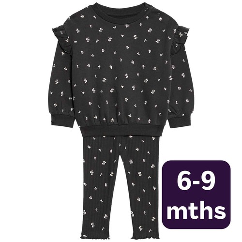 M&S Floral Sweat Outfit, 6-9 Months, Grey