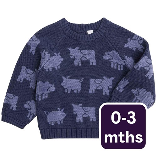 M&S Boys Pure Cotton Cow Motif Knitted Jumper, 0-3 Months, Navy