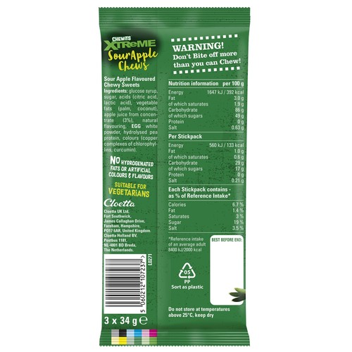 Chewits Xtreme Sour Apple 3pk