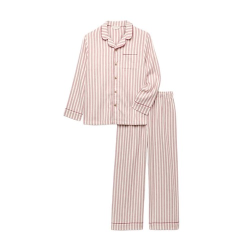 M&S Girls Pure Cotton Striped Revere Pyjamas, 6-7 Years, Red Mix