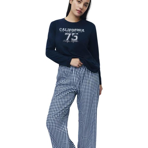M&S Womens Pure Cotton Printed Long Sleeve Pyjama Set, L, Navy