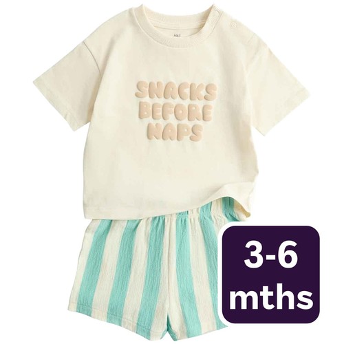 M&S Boys Pure Cotton Slogan Top & Bottom Outfit, 3-6 Months, Multi