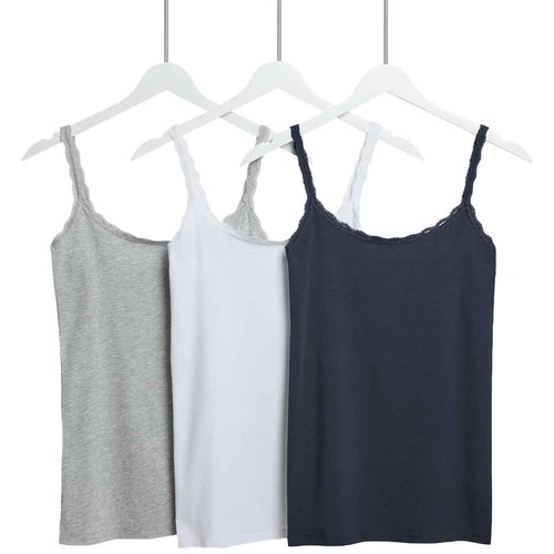 M&S Womens Cotton Rich Lace Trim Vests, Size 8, Navy Mix